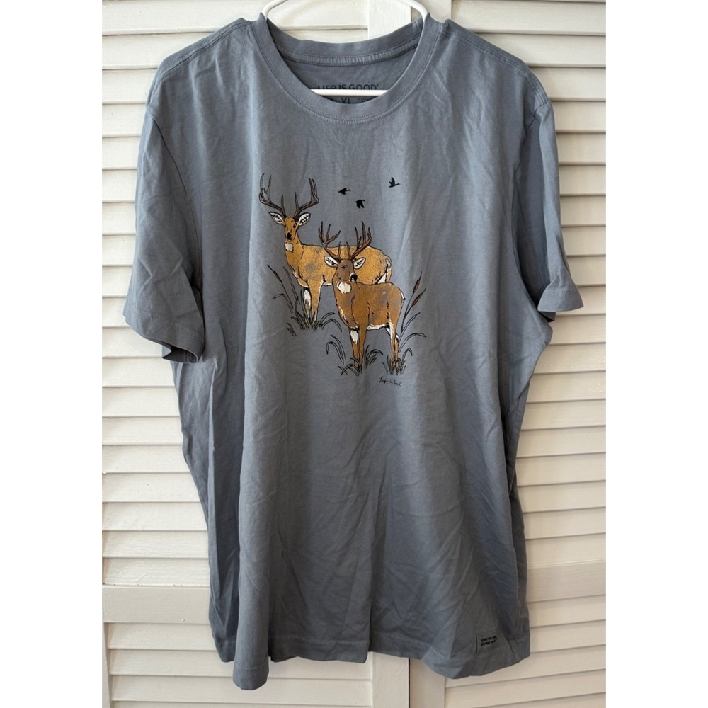 Life Is Good Size XL Gray Short Sleeve Deer Buck Outdoors Crusher Tee Shirt
